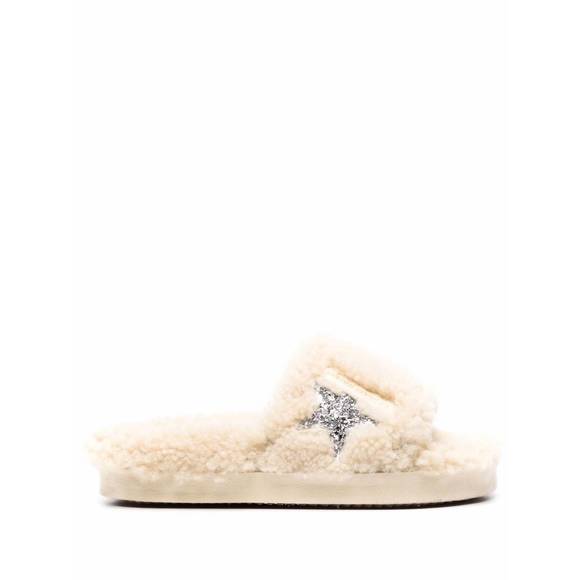 NEW GOLDEN GOOSE poolstar shearling glitter star slide slipper in beige/silver - Picture 2 of 4